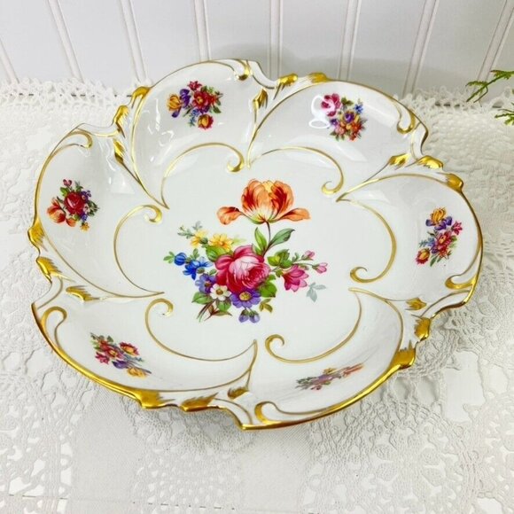 Jlmenau Graf Von Henneberg Porcelain Serving Bowl White Gold Rim Floral Design - Picture 3 of 13